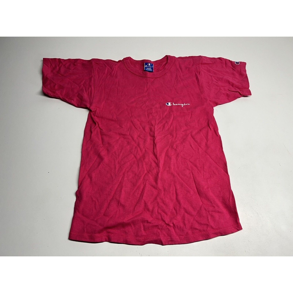 Vintage Champion T-Shirt M Pink Spellout Logo Crewneck USA Retro Sportswear